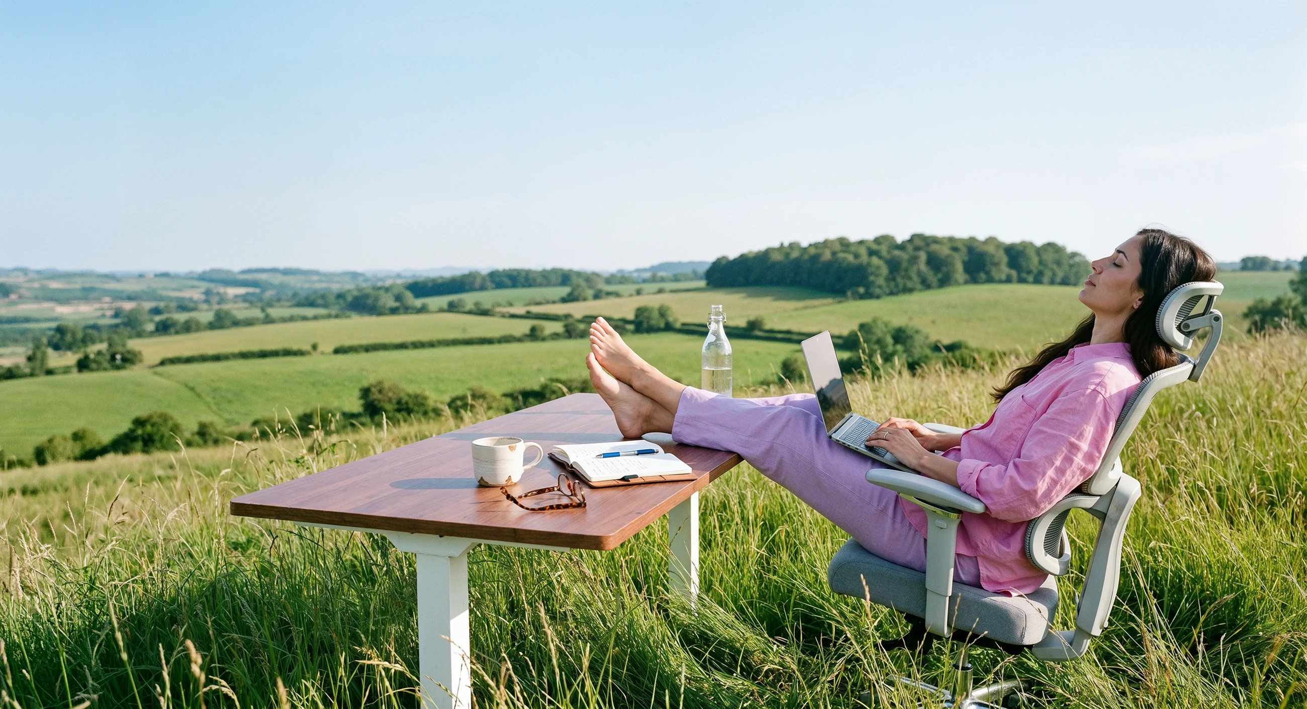 Woman relaxing with her feet on a Pro Plus desk in an open meadow, laptop on her lap
