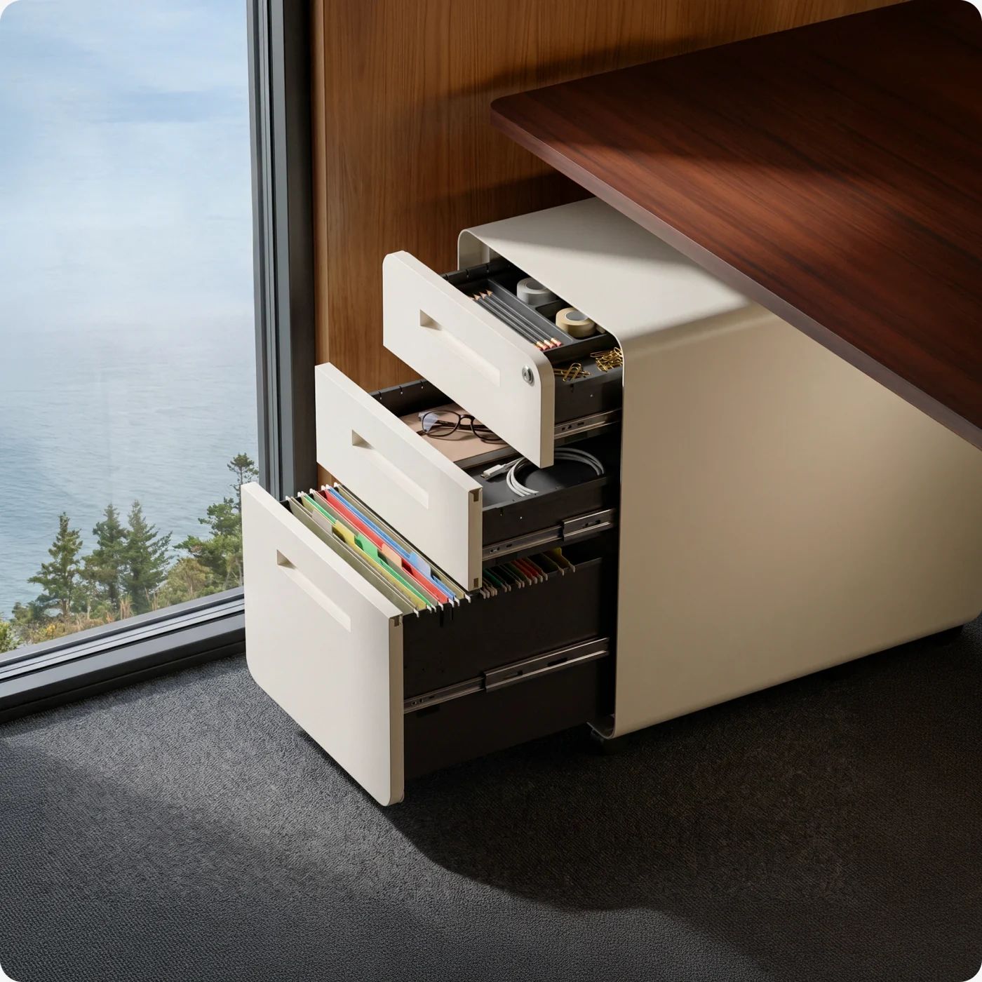 Rollbox with three drawers open