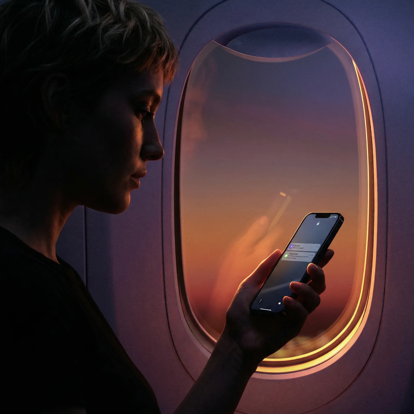 Campaign still: a traveller holding a phone by a plane window