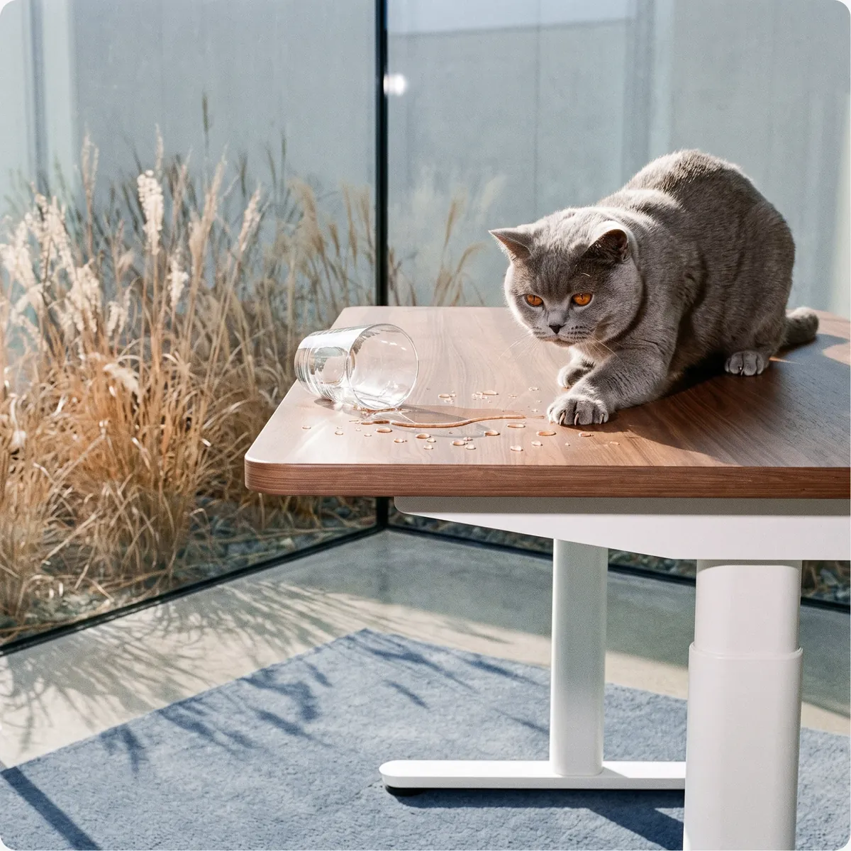 Cat on an Ergonix tabletop: spills and claws, no problem