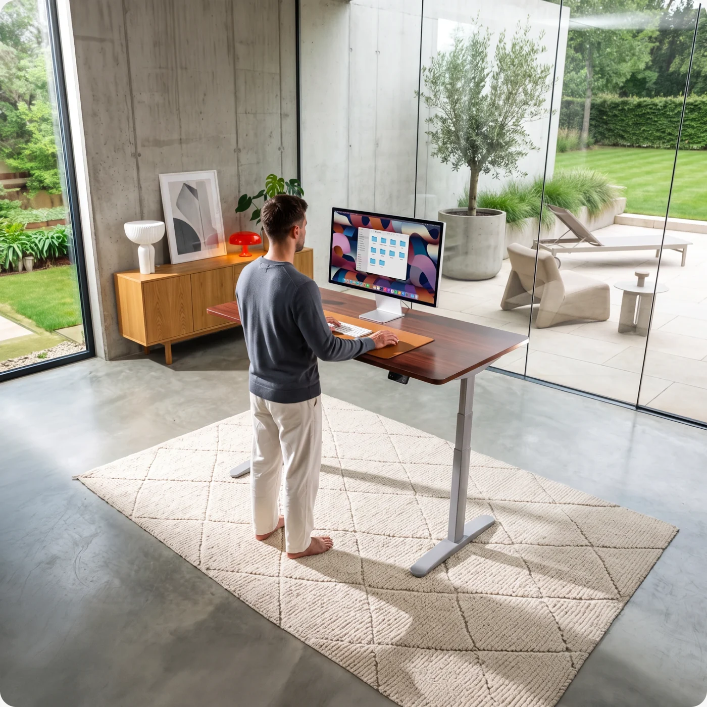 Pro Plus standing desk, dark wood top, grey frame
