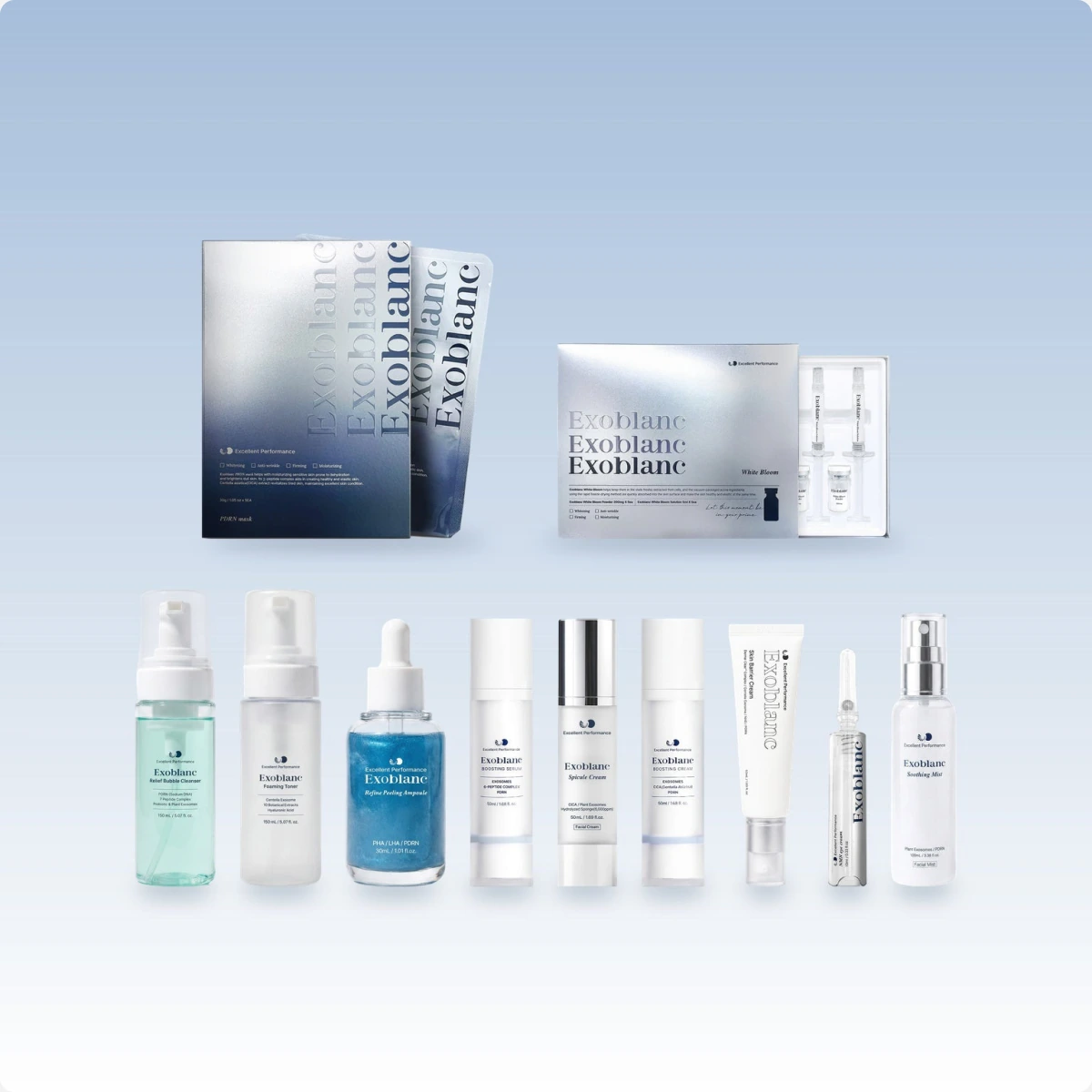 Exoblanc variety pack: cartons, bottles and ampoules in a row